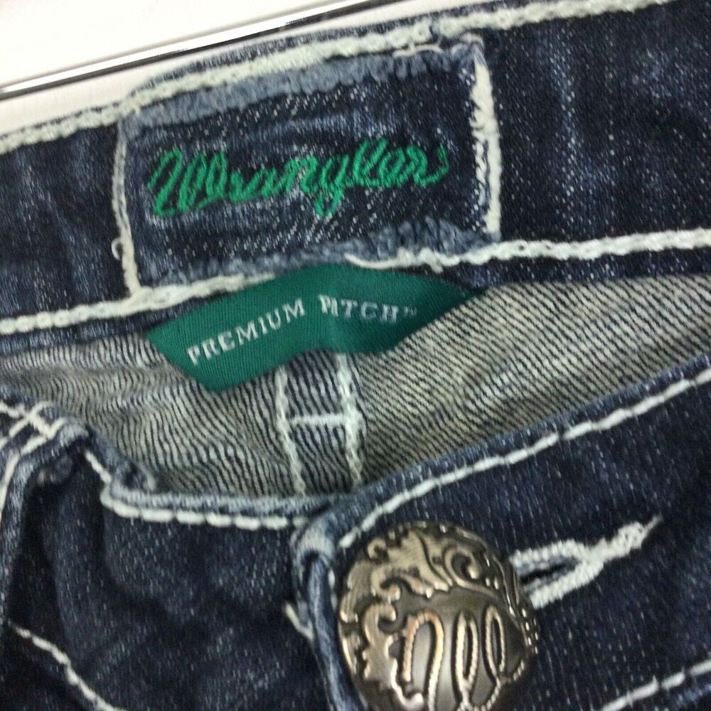 Wrangler Premium Patch Bootcut Mid Rise Western Dark Wash Denim Jeans Blue - Picture 5 of 15